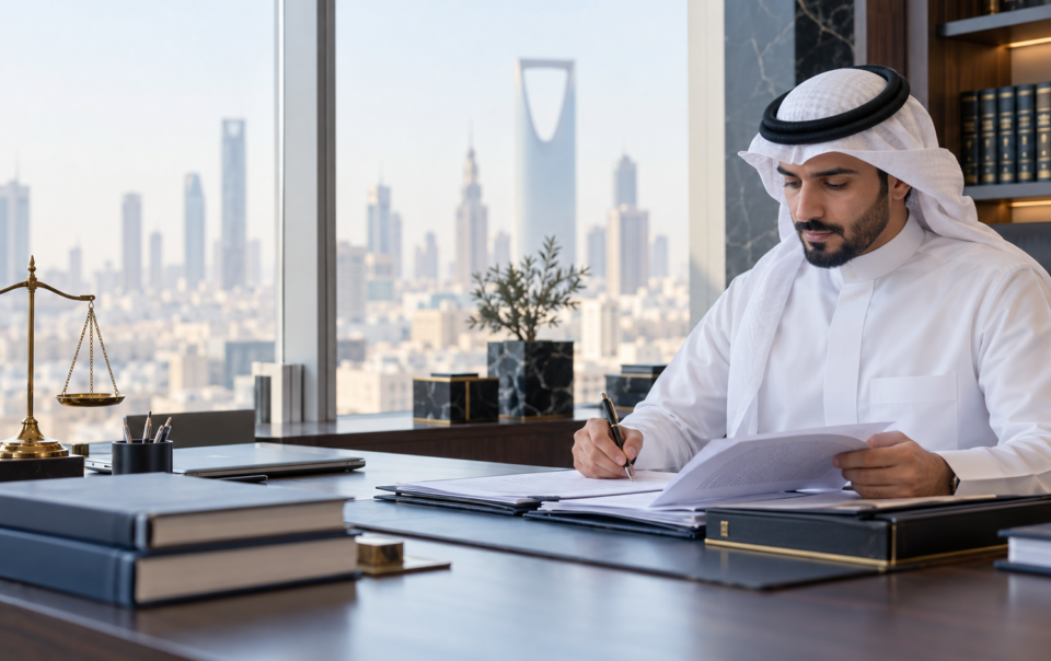 ممارس قانوني سعودي يراجع ملفات قضائية في مكتبه