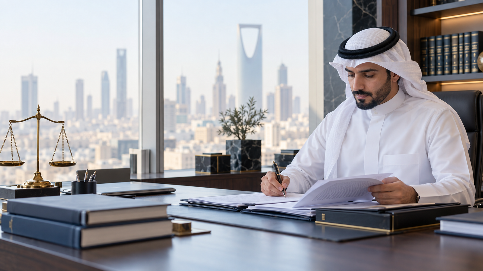 ممارس قانوني سعودي يراجع ملفات قضائية في مكتبه